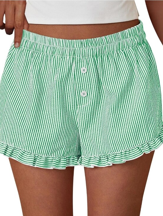 PrettyGarden Pants - Pretty Garden Ruffled Green & White Striped Fashion Boxer Shorts, M